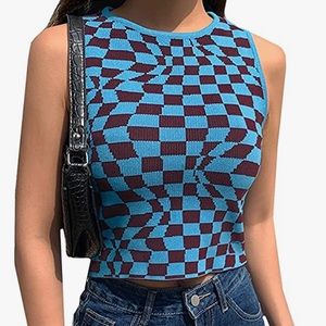 Brown & Blue Wavy Checkered Top